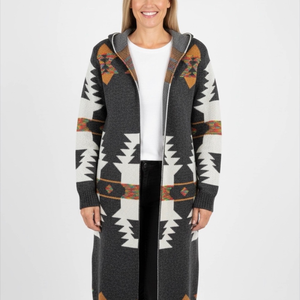 Women's Geometric Pattern Hooded Sweater - Gray and White